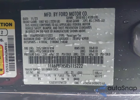 2024 Ford Mustang Ecoboost Fastback from USA, damaged, VIN 1FA6P8TH5R5115222